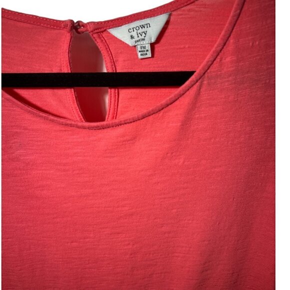 Crown & Ivy Coral Pink Peplum Ruffle Top with Pom Pom Bell Sleeve Trim  Size MP - Picture 8 of 8